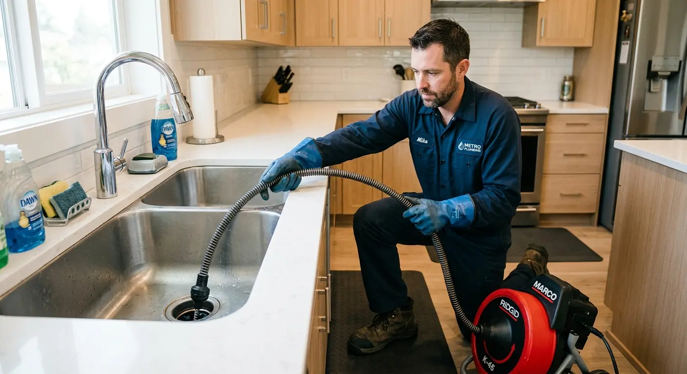 Drain cleaning technician using a motorized snake on a kitchen sink in Pollock Pines