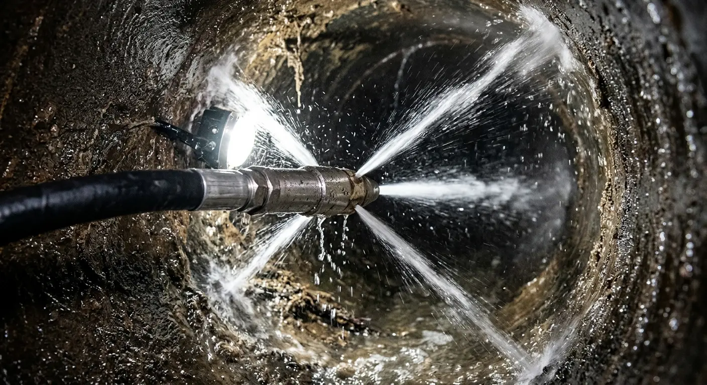 High-pressure hydro jetting nozzle cleaning sewer pipe for Storm Drain Cleaning in Pollock Pines