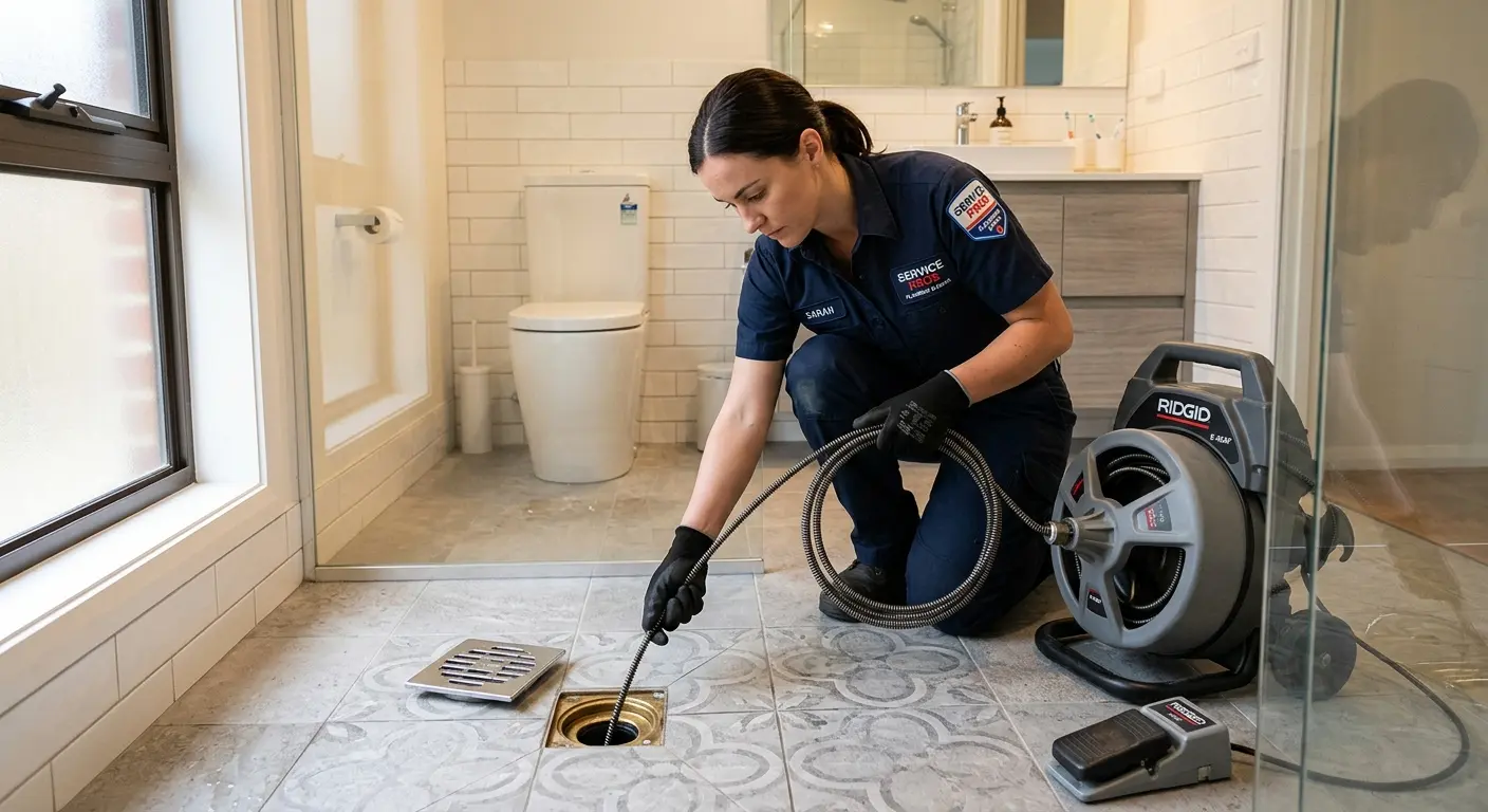 Technician clearing a bathroom floor drain for Sewer Line Installation in Pollock Pines